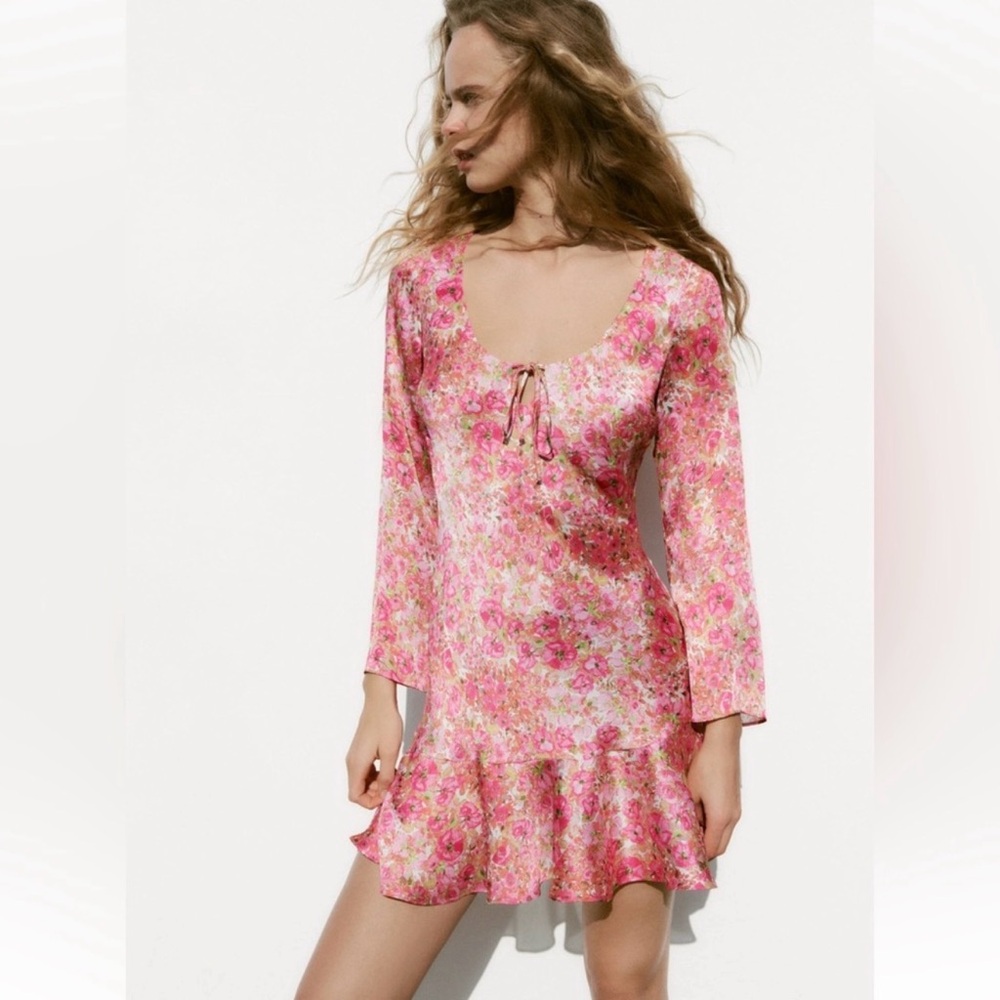 Zara Pink Floral Long-Sleeve V-Neck Dress